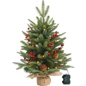 Prelighted Mini Christmas Tree 2 ft with 50 LED Light, 80 Tips Mini Fir Artificial Small Xmas Tree with Timer 24 inch Tabletop Tree Christmas Decoration for Bedroom Fireplace Mantel
