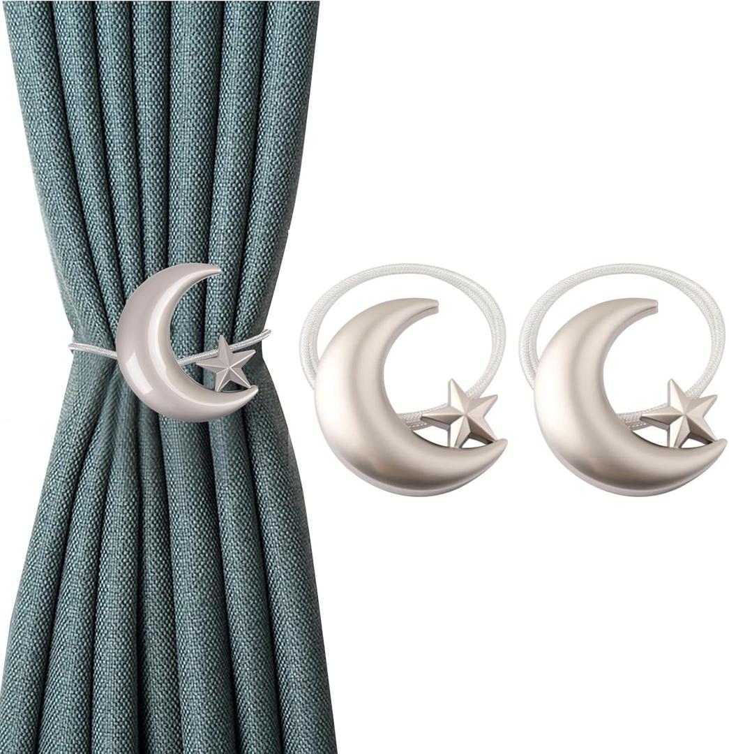 Curtain Tiebacks, 2 Pack Magnetic Curtain Tiebacks Star Moon Curtain tie Back Curtain holdbacks Magnetic Curtain Clips Curtain tie Backs Curtain Clips Holder for Window Draperies Hold Curtains Drape (Silver)