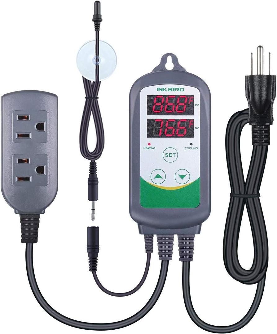 Inkbird ITC308S Temperature Controller for Aquarium with Submersible Probe, Heating Cooling Outlets Thermostat for Heater and Cooling Fans