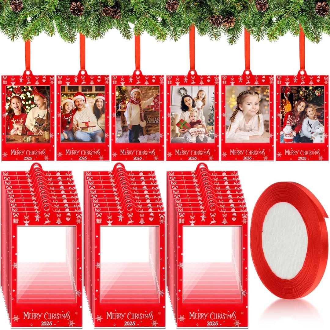 36 Pcs Merry Christmas 2025 Photo Frame Ornaments Acrylic 2 x 3 Picture Frame Ornaments Christmas Tree Decoration Compatible with Instax Polaroid Hanging Photo with Red Ribbon (Style 2)