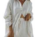 Fixmatti Two Piece Sets for Women Long Sleeve Button Down Shirt and High Waist Shorts Sweatsuit White XL