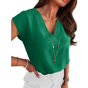Women Tops Cap Sleeve Textured Dressy Casual V Neck Shirts 2025 Summer Business Work Blouses Outfits (Large, Green)