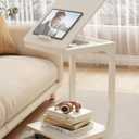 AQIMUELE Wooden C-Shaped End Table,Couch Table with Adjustable Desktop,Small Rolling Side Table with 2 Lockable Wheels,Small End Table for Couch, Living Room,Bedroom (White), 15.6"D x 15.7"W x 24.8"H