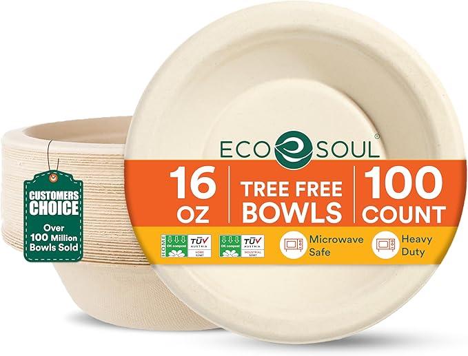 ECO SOUL 16 Oz Compostable Disposable Paper Bowls [1000 Pack] Food Safe Leak-Free 100% Virgin Bagasse Biodegradable Heavy Duty Ramen Soup Bowl for Hot & Cold Food Microwave Safe [Small, Round, White]