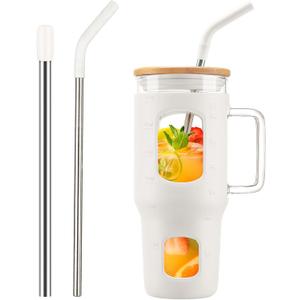 Glass Tumbler with Straw and Lid, 32 oz Glass Cup with Handle, Glass Water Bottles with Time Marker, Silicone Protective Sleeve - White