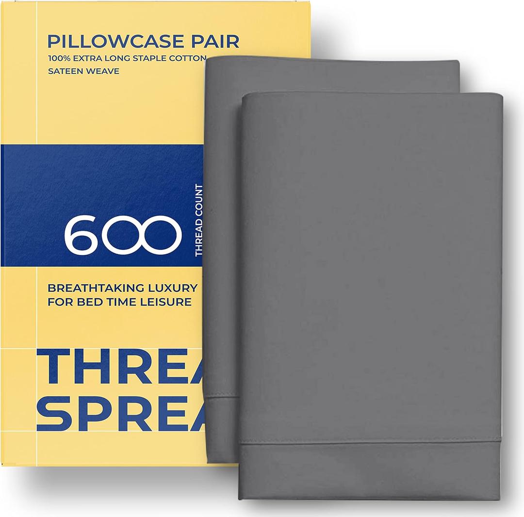 THREAD SPREAD Pillow Cases Queen Size Set of 2-600 Thread Count 100% Egyptian Cotton Pillow Cases Standard Size, Silky Soft, Sateen Weave Luxury Hotel Bed Pillow Covers for Sleeping - Dark Grey