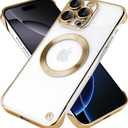 Frameless for iPhone 16 Pro Max Case with Camera Lens Bumper, [Compatible with MagSafe] Transparent Clear Plating Ultra Thin and Shockproof Cover for Girls and Women, Gold