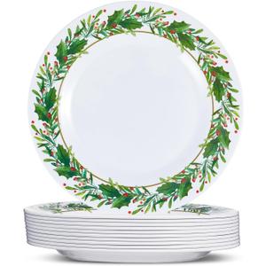 Layhit 10 Pcs Christmas Holly Melamine Dinner Plates - Holly Plates Holiday Dinnerware Party Dishes for Home Kitchen Picnic Party Event Supplies(8 Inch)