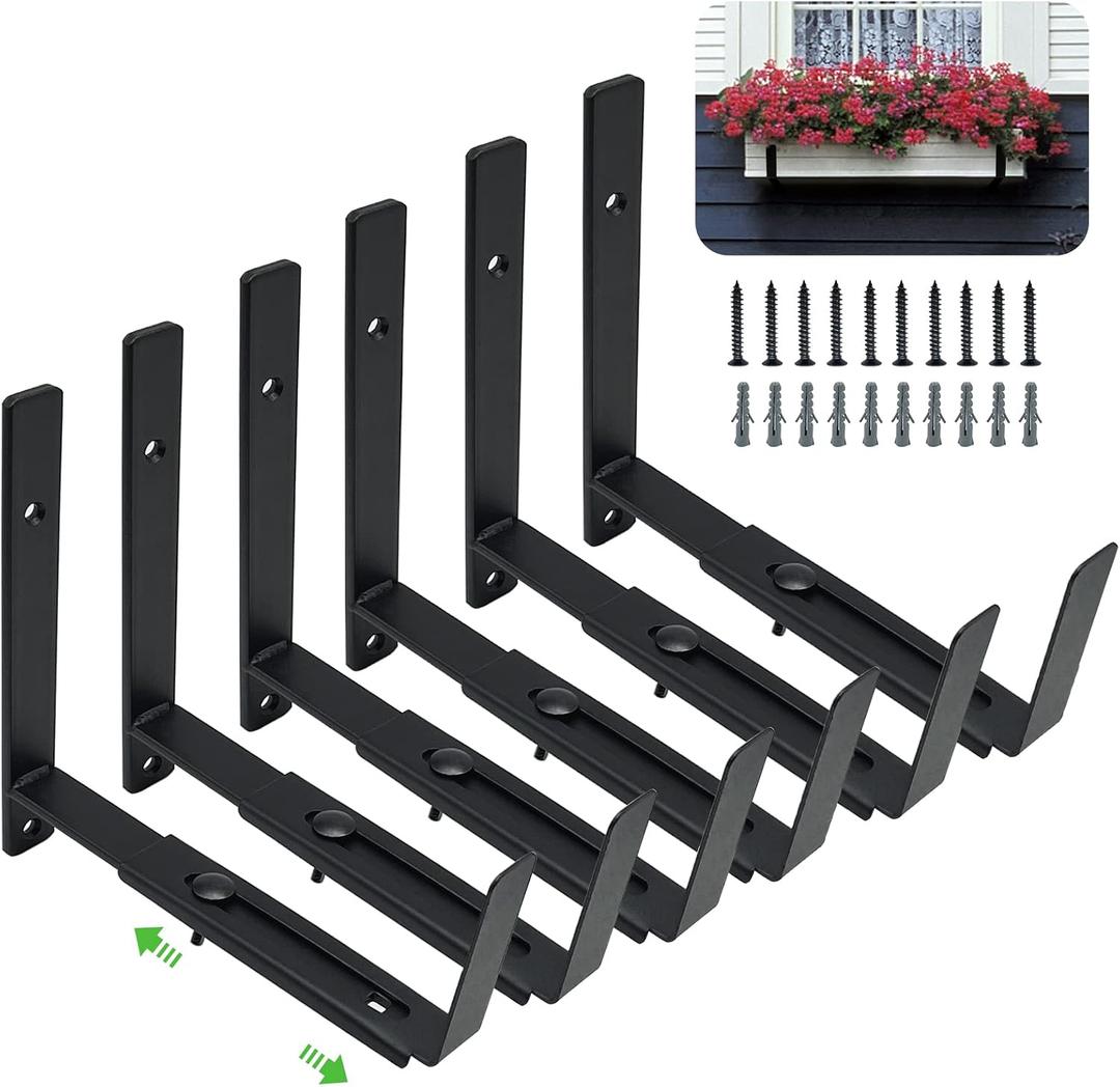 Adjustable Window Box Bracket 6 Pack, Heavy Duty Planter Box Bracket Flower Box Holder Wall Mount Suitable for Planter Boxes 6 inches to 12 inches Deep