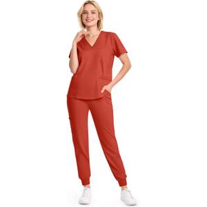 Scrubs for Women Set, V-Neck Top & Jogger Pants, 8 Pockets, Medical Uniform, Workwear for Nurses, Dentists & Pet Care (Small, Orange Red)