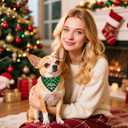 2 x Valentines Day Dog Bandana with Unique Quick-Release Buckle and Retractable Design,Triangle Reversible Bibs Breed for S-M Dog and Cat,Green Plaid Bandana with Christmas Santa Print in a Gift Box(M)