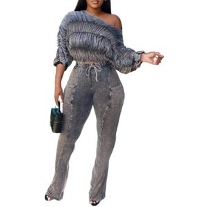 YOOTIKO Womens 2 Piece Pants Set Elasticity Ruched Top Flare Leggings Pants Set Casual Sweatsuits Set, Large