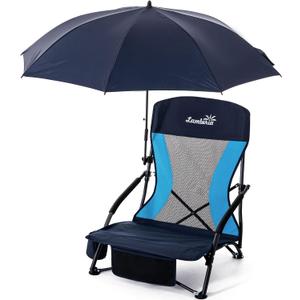 Lamberia Folding Beach Chair with Umbrella for Adults, Portable Low Beach Chairs with 300lbs Capacity, Lightweight Fodable Camping Chair for Travel, Picnic, Concert & Outdoor Activities, Navy Blue, 27.5x22x20 Inches