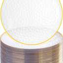 Rubtlamp 100 Pcs Clear Gold Plastic Plates, Hammered Party Plates, Clear Disposable Dessert Plates,Clear Gold Plates 7 Inch, Gold Plastic Dessert Plates Disposable For All Occasions