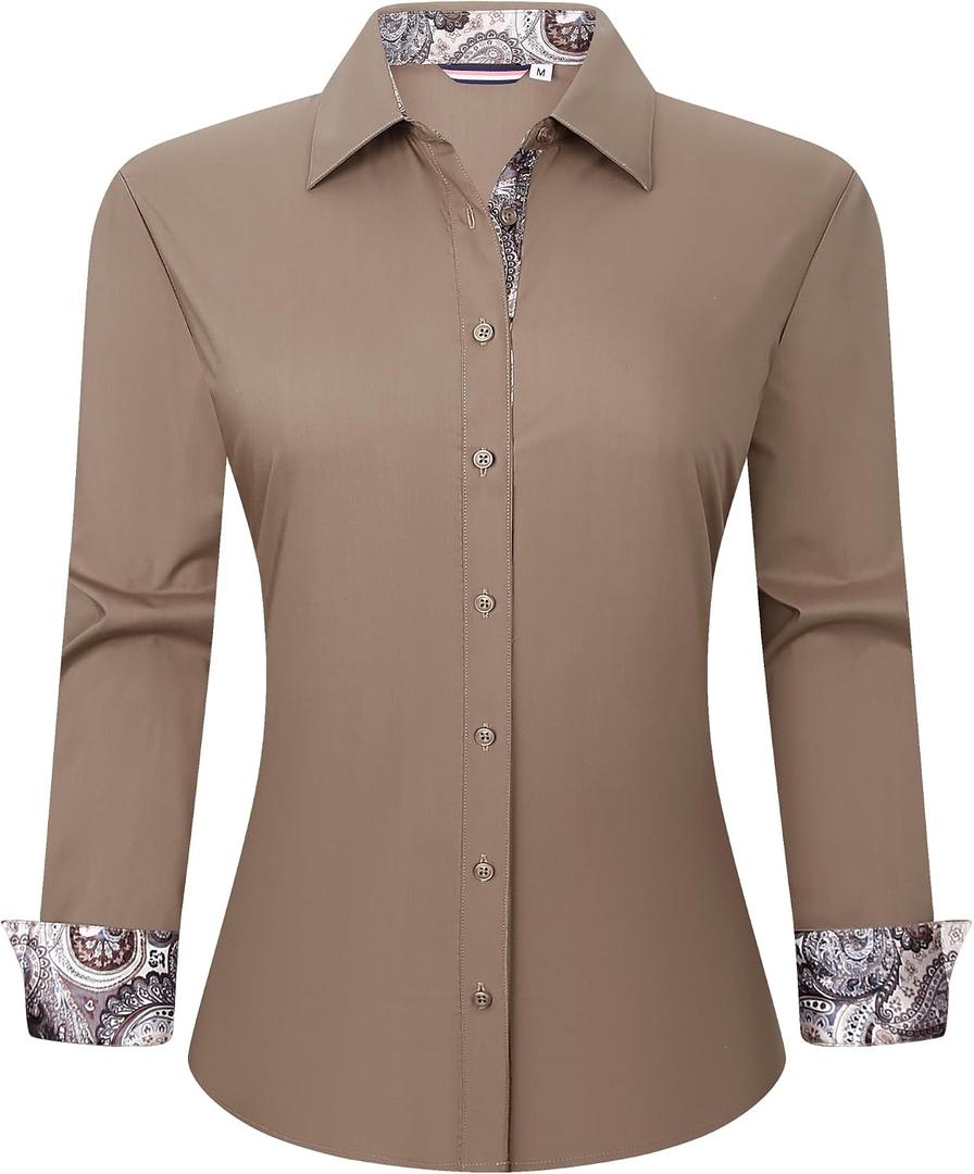 Esabel.C Womens Dress Shirts Cotton Long Sleeve Stretch Button Down Blouse | Cotton for Soft, Regualr Fit, Comfortable, Button Up Contrast Collar, No-iron, Ideal for Work, Casual & Daily Wear (Brown, L)