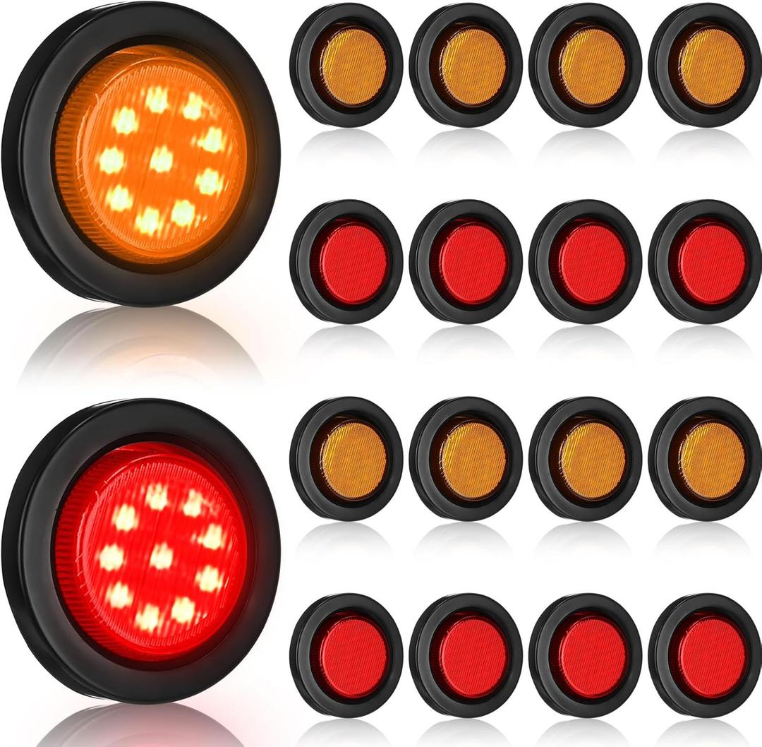 Treela 16 Pcs 2 Inch LED Marker Lights Waterproof Sealed 10 LEDs Round Trailer Light with Rubber Flush Mount Grommet 2 Prong Wire Pigtails for RV Truck Semi Trailer Side Tail Lights, Red and Amber