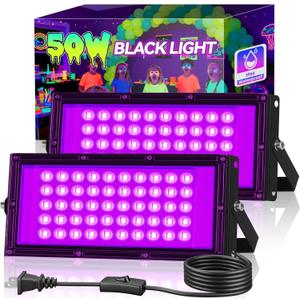 2 Pack 50W LED Black Light, Blacklight Flood Light for Glow Party IP66 Waterproof, Outdoor Black Lights with Switch&Plug for Halloween, Glow in The Dark, Neon Party, Poster, Birthday
