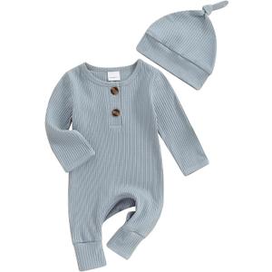 Infant Boys Girls Clothes Set Newborn Baby Romper Hat Ribbed Knit Long Sleeve Button Solid Bodysuit Jumpsuit, 0-6M