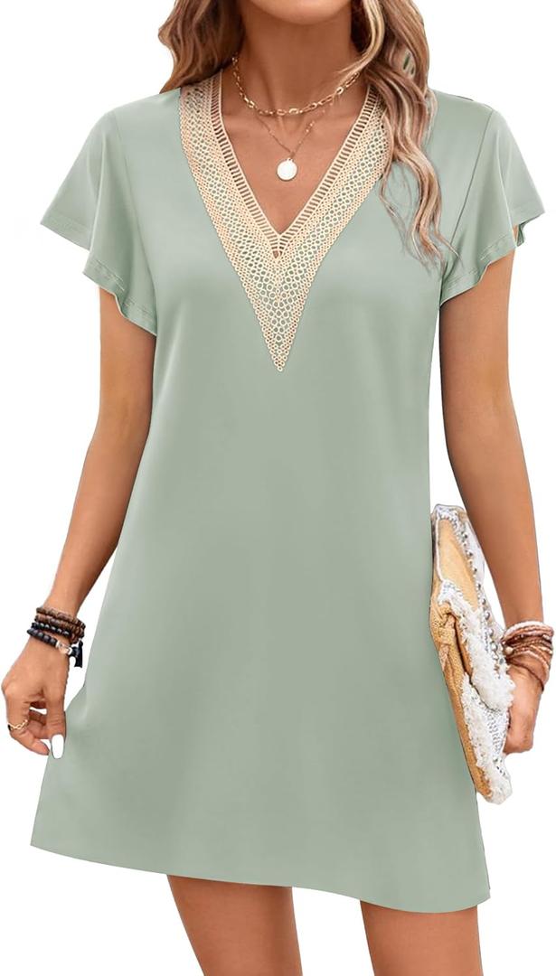 Ekouaer Nightgowns for Women Flare Short Sleeve Sleepshirt Guipure Lace V Neck Sleepwear Soft Pj Dress Night Shirt (Small, Light Green)