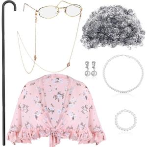 BBTO 100 Days of School Costume Old Lady Costume for Kids Granny Wig Shawl Grandma Outifits with Glasses and Accessories
