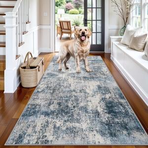 3x6 Runner Rug Washable Entryway: Non Slip Abstract Door Mat for Hallway Kitchen - Ultra Thin Low Pile Stain Resistant Indoor Carpet - Home Decor for Renters Small-Space Dwellers 3x6 Blue Gray White