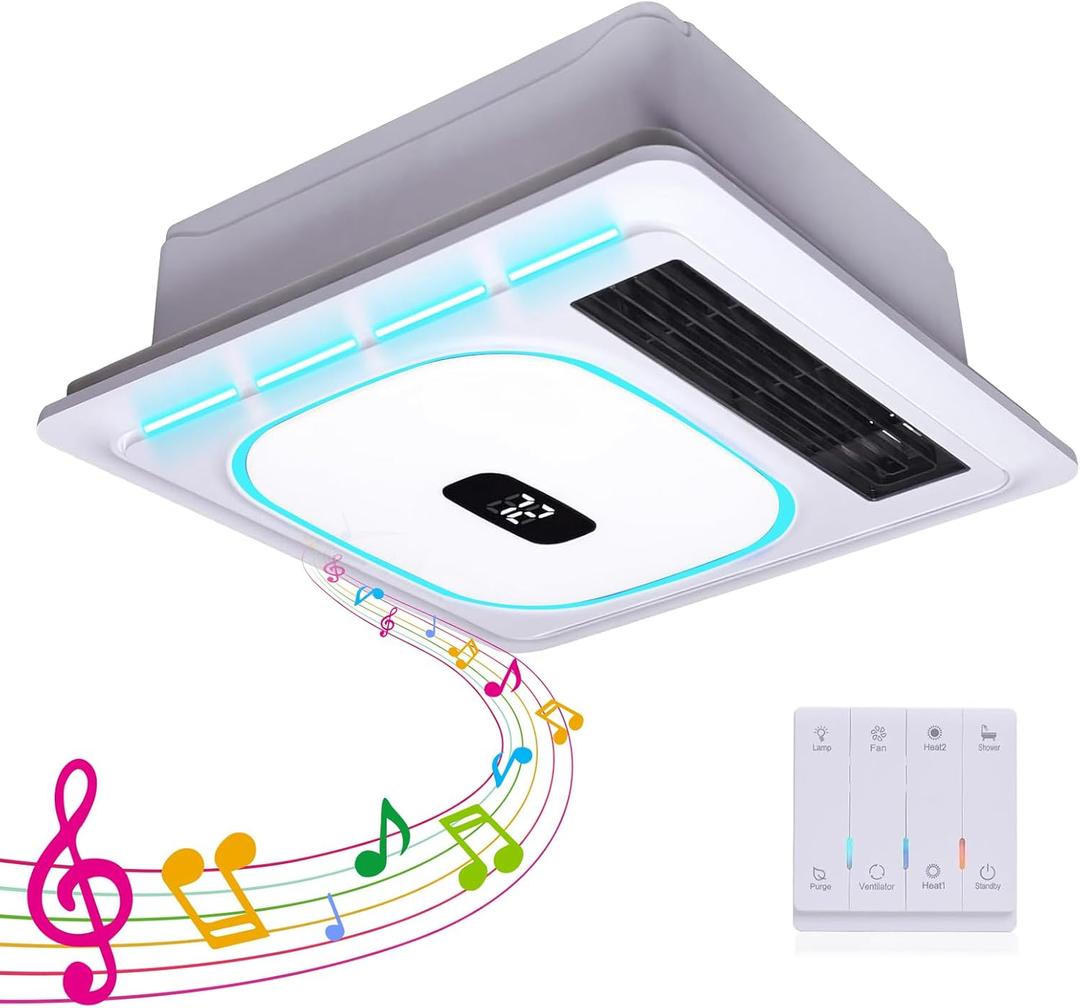 Bathroom Exhaust Fan with Bluetooth Speaker 3-in-1 Heater & Light Combo 180 CFM, 1.0 Sones Quiet Bath Fan with Remote Control 3-Color Adjustable & 5-Color Temperature LED Lights White Ceiling Mount