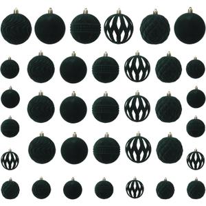 Senjie 2025 Velvet Christmas Ball Ornaments Sets 36pcs Flocked Christmas Ornaments Assortment Decor for Xmas Deep Green