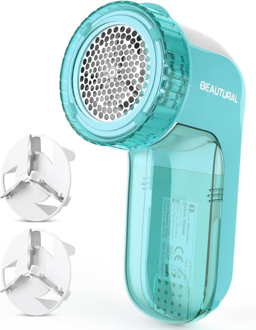 BEAUTURAL Fabric Shaver and Lint Remover, Sweater Defuzzer with 2-Speeds, 2 Replaceable Stainless Steel Blades, Battery Operated, Remove Clothes Fuzz, Lint Balls, Pills, Bobbles (Aqua)