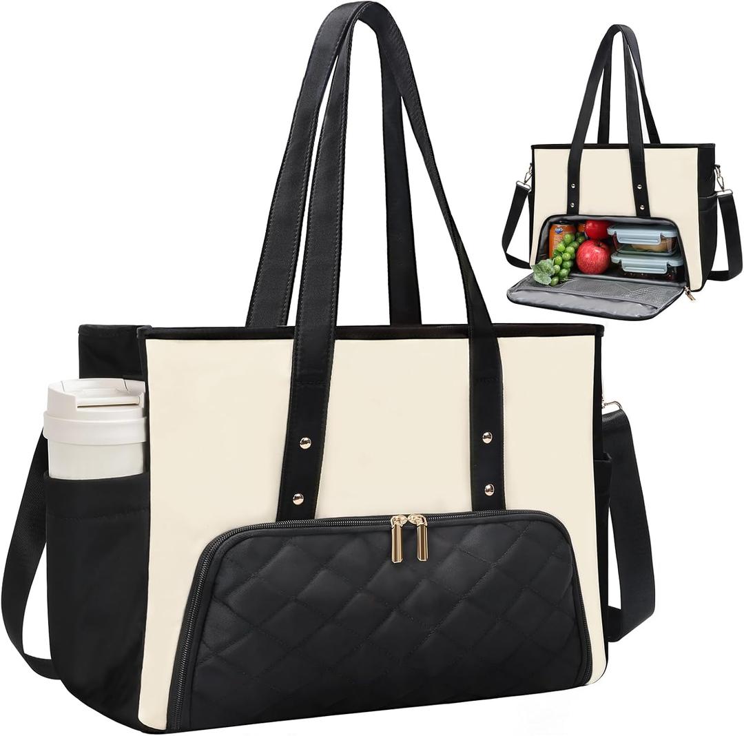 Jetviivid Lunch Tote Bag for Women, 15.6 Inch Laptop Bag with Insulated Lunch Compartment & Cup Holder for Work, Office,Teacher,College, Daily, Black&White