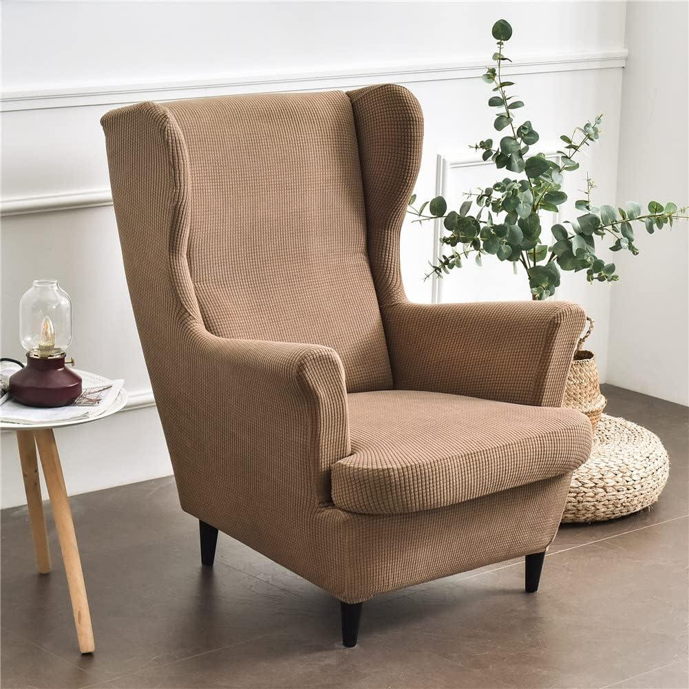 Highdi Wingback Chair Covers 2 Piece Stretch Wing Chair Slipcover, Solid color Jacquard Thicken Strandmon Sofa Cover Furniture Protector for Armchair Chairs Living Room Bedroom Hotel (Camel), 80D x 69W x 95H centimetres