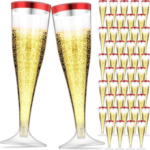 Zubebe 100 Pcs Plastic Champagne Flutes 4.5oz Classic Champagne Clear Plastic Cups Wedding Party Toasting Cocktail Cups Bulk Home Toasting Drinking Party(Red)