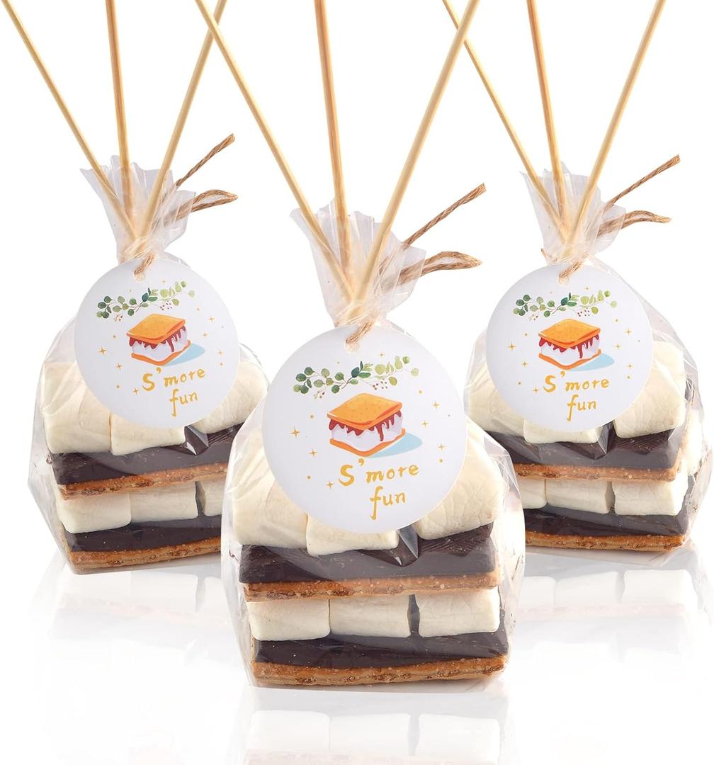 100 pcs S'more Fun Bag set Clear Gusseted Poly Bags with S'mores Fun Tag and Bamboo Stick for Smores