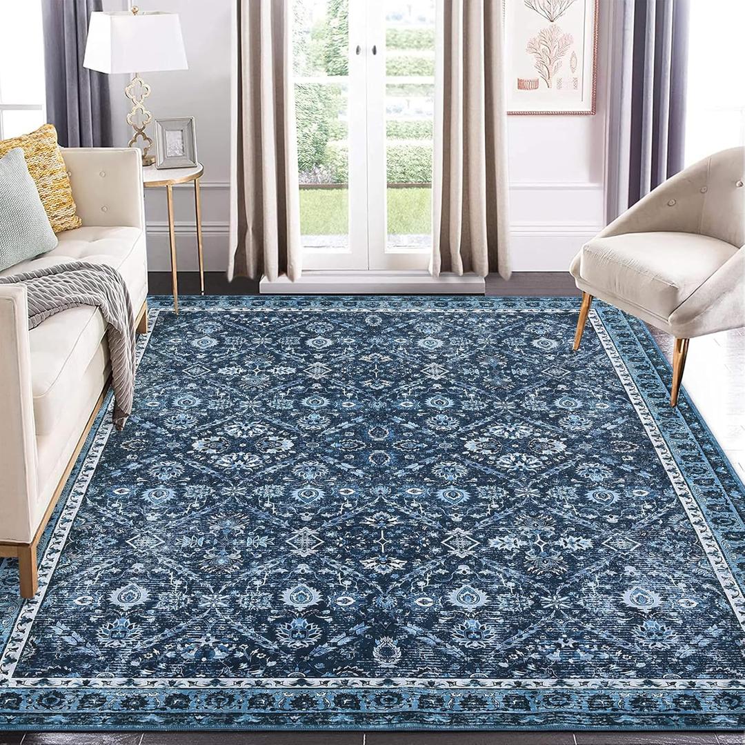 COZYLOOM Trellis Area Rug 6x9 Washable Rug Vintage Rug for Living Room Indoor Soft Non-Slip Carpet Traditional Distressed Bedroom Rug Low Pile Non-Shedding Aesthetic Rugs for Dining Room Office Blue (6x9 ft)