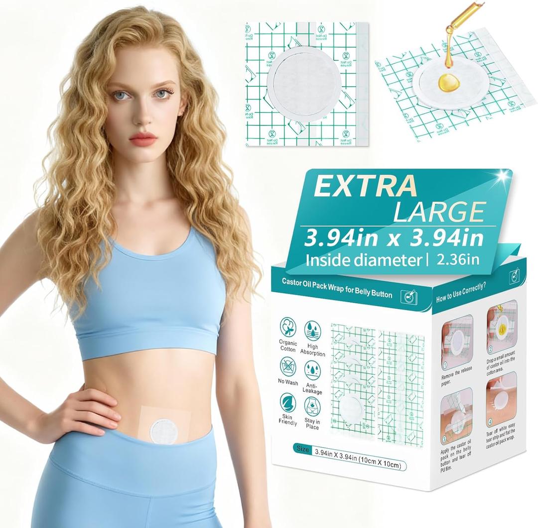 Castor Oil Patches, 40PCS DIY Castor Oil Pack Wrap, Belly Button Patch, Disposable Belly Button Pad with PU Film, Organic Cotton Self-Adhesive Patches, 3.94 x 3.94 Inch Leak-Proof No-Wash Design