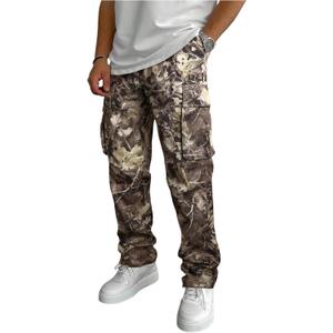 Men's Camo Drawstring Waist Cargo Pants Allover Print Long Trousers Streetwear with Pockets (Large, Yellow)