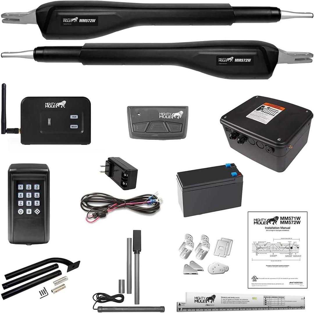 Mighty Mule Gate Opener, Solar and Smart Ready, Heavy Duty Automatic Gate Opener, Gates up to 18ft or 850lb Per Gate Leaf, Dual Gate Opener - Estate, Upgraded, MM572W-EST-A