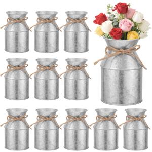 12 Pcs Farmhouse Metal Flower Vase Decor, 5.3 Inch Galvanized Milk Can Jug Vase with Twine Bow Rustic Flower Buckets for Centerpieces Floral Display Table Home Wedding Festival DIY Decorations