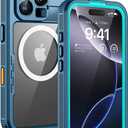 Lanhiem Magnetic for iPhone 16 Pro Case, IP68 Waterproof Dustproof Case, [Compatible with Magsafe] [Built-in Screen Protector] Full Body Heavy Duty Rugged Phone Cover 6.3 inch, Blue/Clear