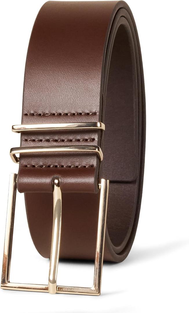 Amazon Essentials womens Leather Refined Buckle Dress Belt (Large, Brown)