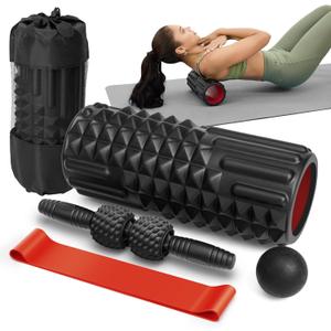 5 in 1 Foam Roller Set, High Density Foam Roller, Muscle Roller Stick, Massage Ball, Resistance Band for Physical Therapy & Deep Tissue Muscle Massage (Black)