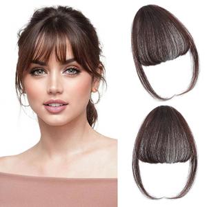 4 x Clip in Bangs 100% Real Human Hair, Fake Bangs Hair Clip on Bang for Women, Dark Brown Wispy Bang Fringe with Temples Hairpieces Extensions for Daily Wear (Dark Brown, Wispy Bangs)