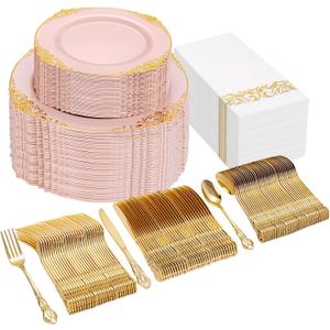 Ciaell 300PCS Pink and Gold Plastic Plates - Pink Disposable Dinnerware Sets for 50 Guests - 100 Plates, 50 Knives, 50 Forks, 50 Spoons, and 50 Napkins for Wedding, Anniversary and Party