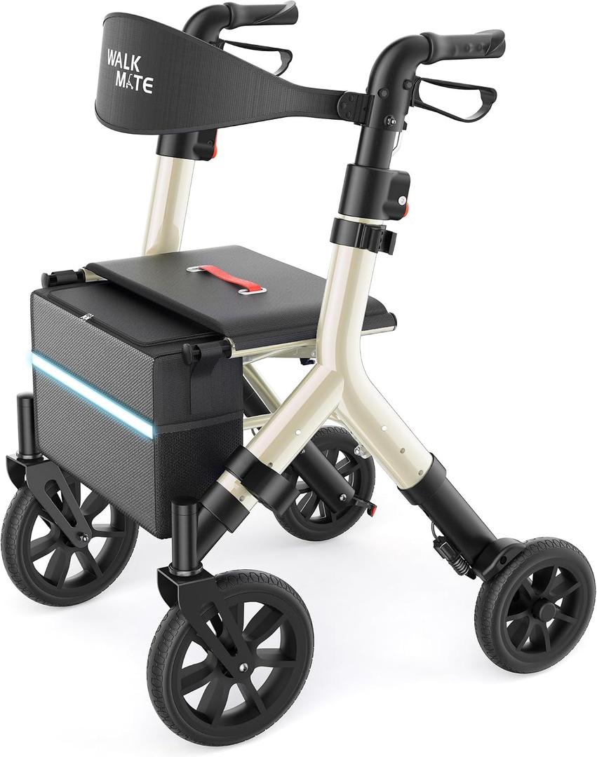 WALK MATE Rollator Walker for Seniors 5.3~7ft Tall, Height-Adjustable Seat, Built-in Cable, 10 Inch Wheels, 16.5 lb Lightweight & Compact Folding Design, 300 lb Capacity, Gold