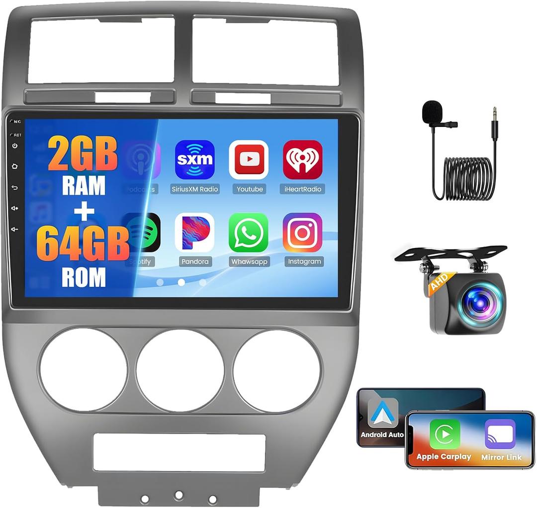 2+64G Radio for Jeep Compass Patriot 2007 2008 2009 CarPlay Car Stereo Android 15 Touchscreen 10.1" Android Auto Backup Camera GPS EQ 28UI