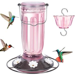 Kingsyard Glass Hummingbird Feeder for Outdoors Wild Bird Feeder with 6 Feeding Ports Hanging for Garden Yard, Pink (Ant Moat Included)