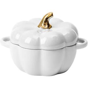 FYUEROPA Pumpkin Bowl Set with Lid and Handle, Set of 4 Ceramic Ramekins for Baking, Casserole Dish Individual Severing Pot, Stoneware, Oven Safe, 14 Oz (White) 1 UNBROKEN.