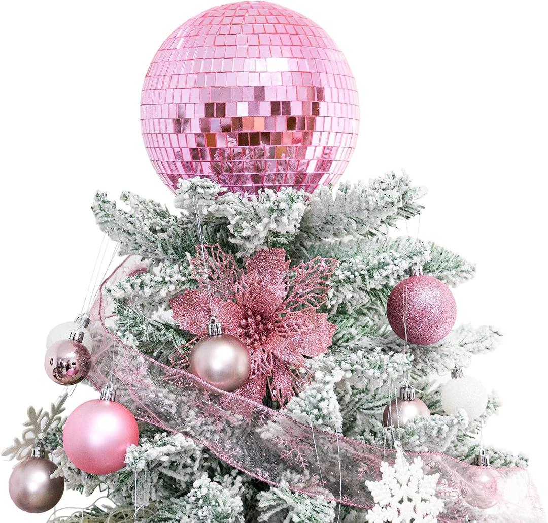 Pink Christmas Tree Topper 8 Inch Mirror Disco Ball Tree Topper, Cool and Fun Disco Ball for Xmas Tree Decorations, Ideal for DJ Club, Party, Wedding and Home Dcor