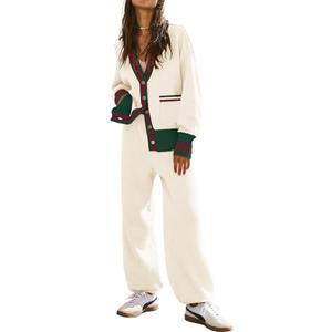 Women's 2 Piece Outfit Lounge Set Trendy Cardigan Sweater Pants Sets V Neck Button Pocket Knit Matching Loungewear (Contrast White, M)