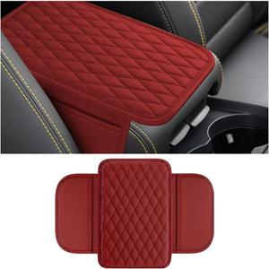 Car Center Console Cover, Leather Vehicle Armrest Seat Box Cushion with Side Storage Pocket, Scratch Resistant Automotive Interior Arm Rest Protector Accessories, Universal Fit (Rose Red)