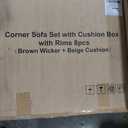 IDEALHOUSE 8 Pieces Outdoor Wicker Rattan Patio Furniture Sectional Set, Conversation Sets with Glass Table and Hidden Storage, Brown Rattan with Beige Cushion